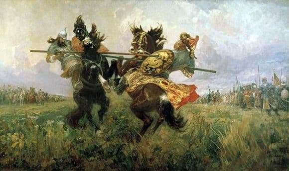 Description of the painting by Mikhail Avilov Duel Peresvet with Chelubey