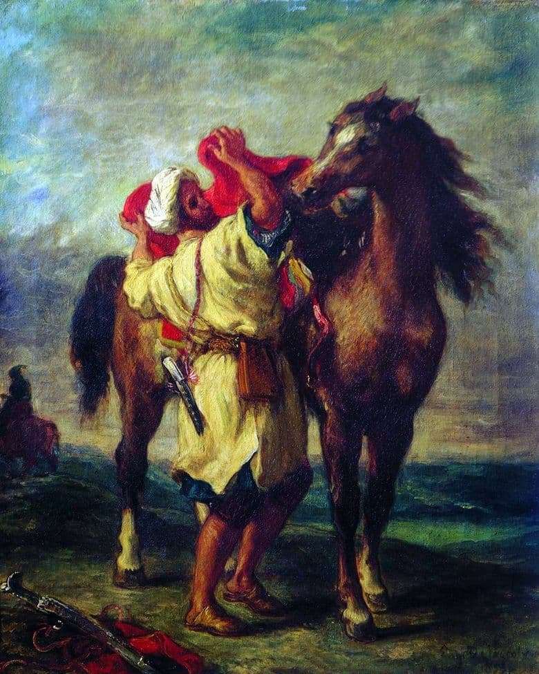 Description of the painting by Eugene Delacroix Moroccan saddling a horse