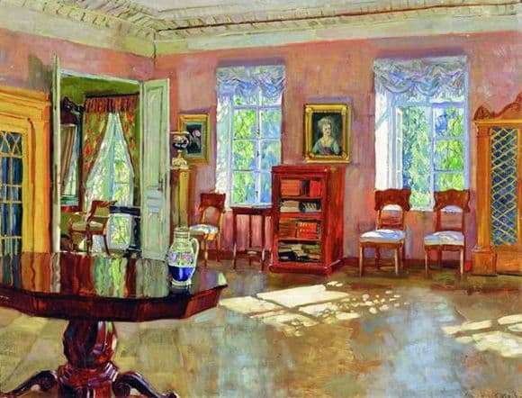 Description of the painting by Stanislav Zhukovsky The interior of the library of a manor house