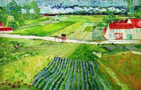 Description of the painting by Vincent Van Gogh Landscape in Auvers after the rain (Landscape with a cart and train)