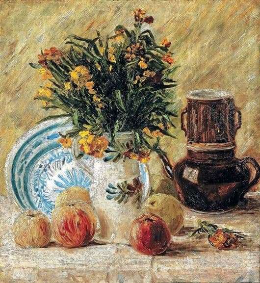 Description of the painting by Vincent Van Gogh Vase with flowers and coffee pot and fruit