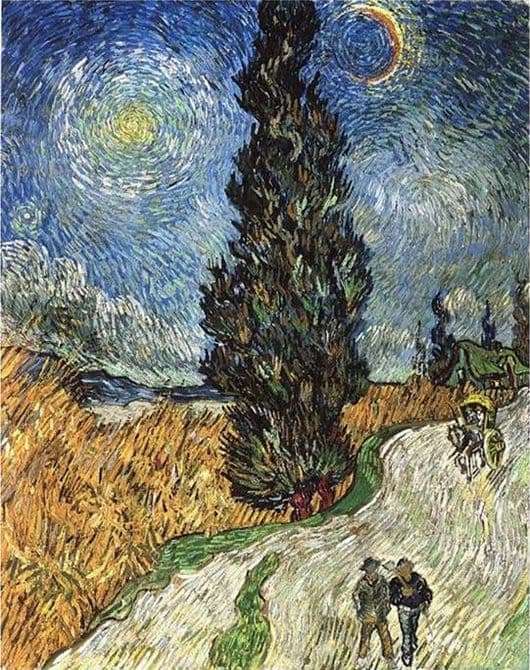 Description of the painting by Vincent Van Gogh The road with cypresses and a star