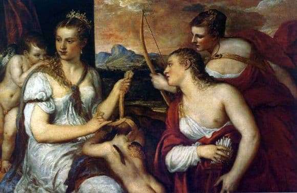 Description of the painting by Titian Venus tying the eyes of Cupid