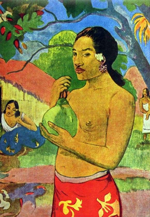 Description of the painting by Paul Gauguin Woman Holding a Fruit (1893)