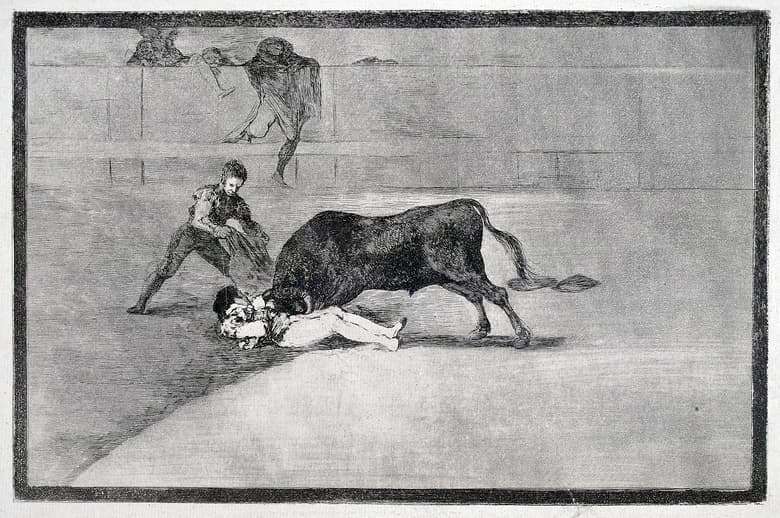 Description of Tavromachy by Francisco Goya Etching No 33: The tragic death of Pepe Ilho in the arena of Madrid