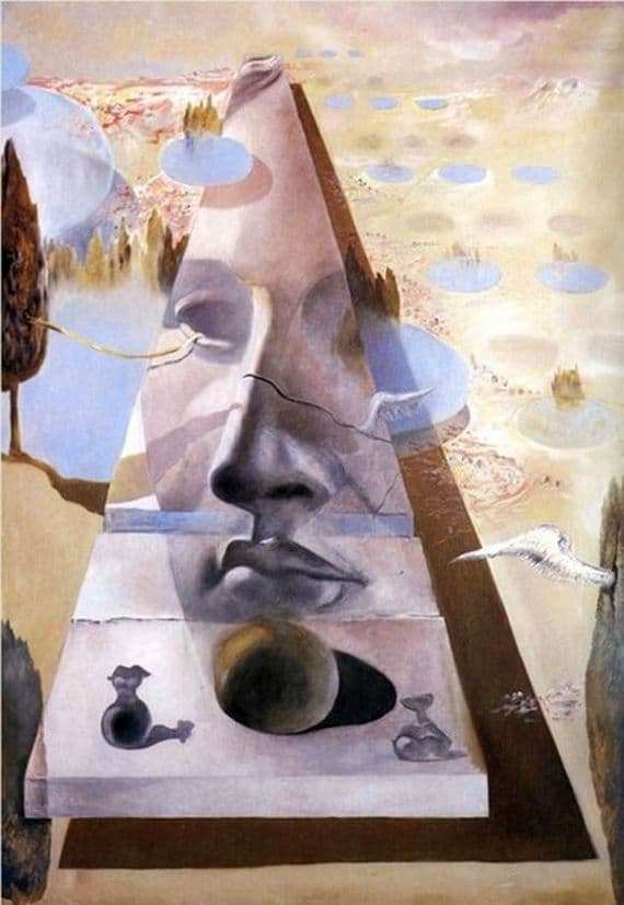 Description of the painting by Salvador Dali The appearance of the face of Aphrodite of Cnidus in the background of the landscape
