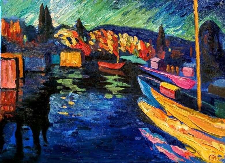 Description of the painting by Vasily Vasilievich Kandinsky Autumn landscape with boats