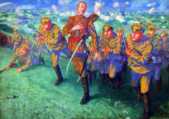 Description of the painting by Kuzma Petrov Vodkin In the line of fire