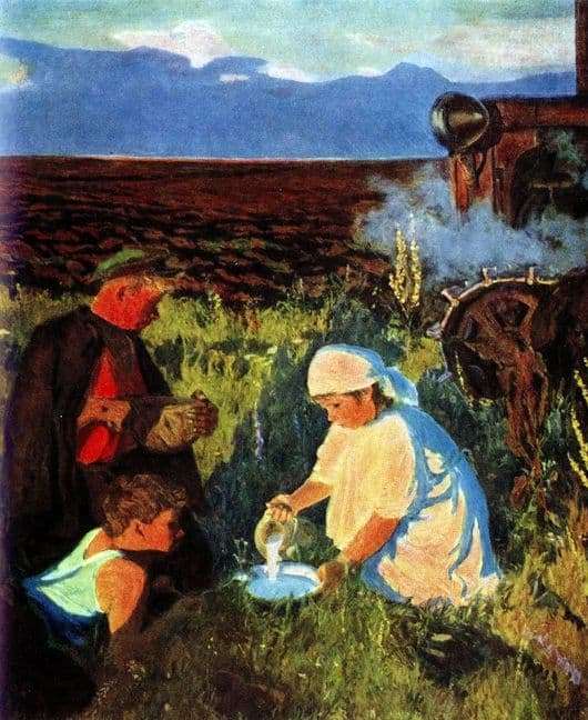 Description of the painting by Arkady Plastov Dinner tractor