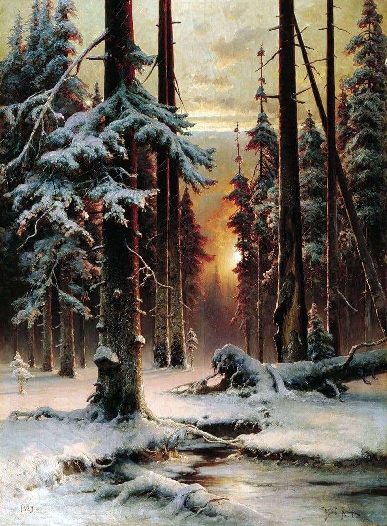 Description of the painting by Julius Klever Winter sunset in the fir forest