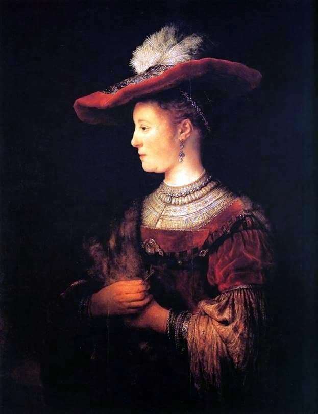 Description of the painting by Rembrandt Harmens Van Rijn Portrait of Saskia in a red hat