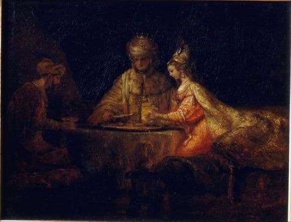 Description of the painting by Rembrandt Artaxerxes, Haman and Esther