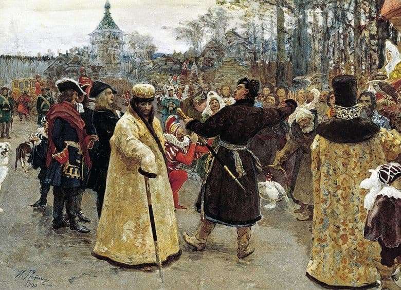 Description of the painting by Ilya Repin Arrival of the kings John and Peter Alekseevich to the Semenovsky fun yard, accompanied by a retinue