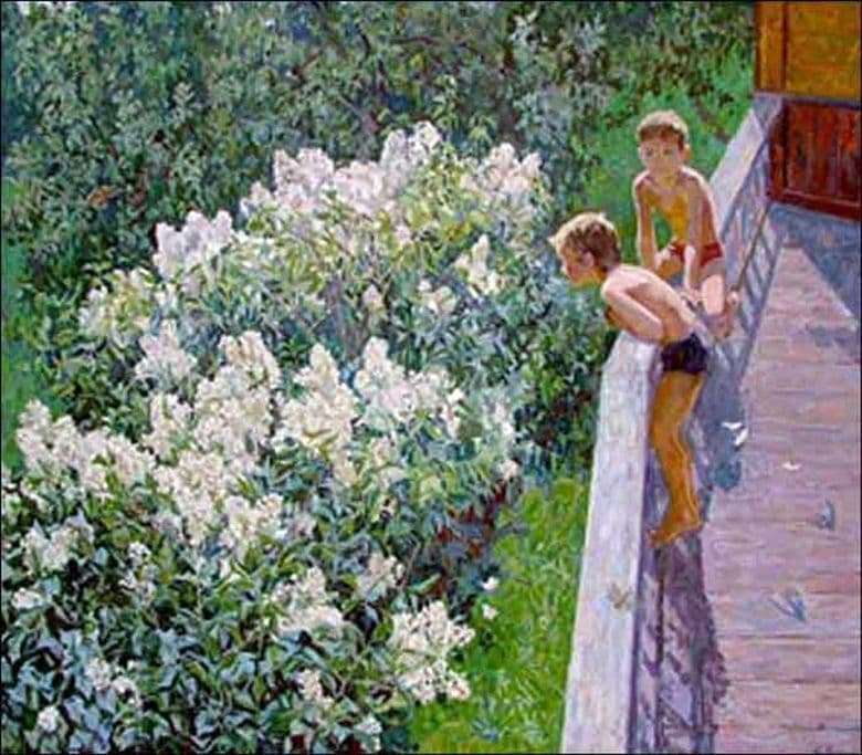 Description of the painting by Maya Kopytseva Summer day. The lilac is blooming