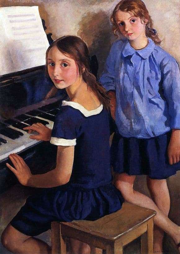 Description of the painting by Zinaida Serebryakova Girls at the piano