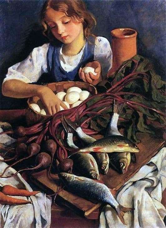 Description of the painting by Zinaida Serebryakova In the kitchen. Portrait of Katie