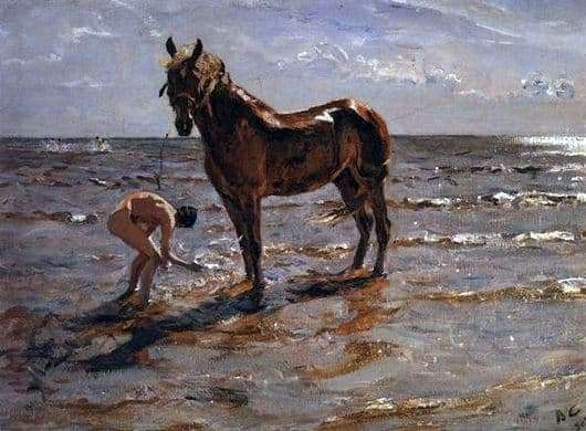 Description of the painting by Valentin Serov Bathing a horse