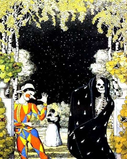 Description of the painting by Konstantin Somov Harlequin and death
