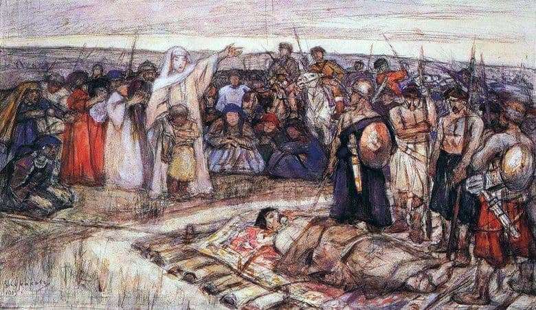 Description of the painting by Vasily Surikov Princess Olga meets the body of Prince Igor