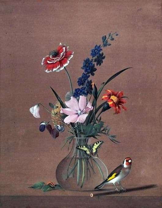 Description of the painting by Fedor Tolstoy Bouquet of flowers, a butterfly and a bird