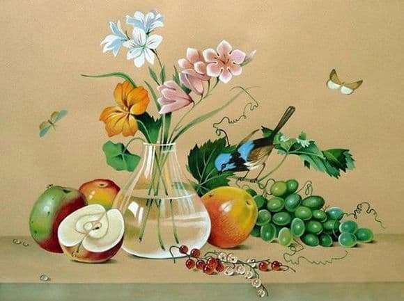 Description of the painting by Fedor Tolstoy Flowers, fruits, bird