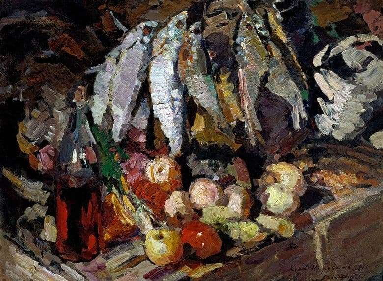 Description of the painting by Konstantin Korovin Fish, wine and fruits (1916)