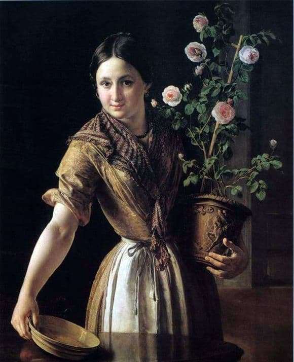 Description of the painting by Vasily Tropinin Girl with a pot of roses