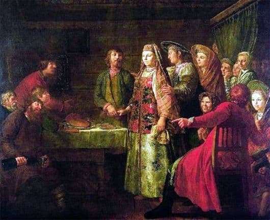 Description of the painting by Mikhail Shibanov Celebration of the wedding contract