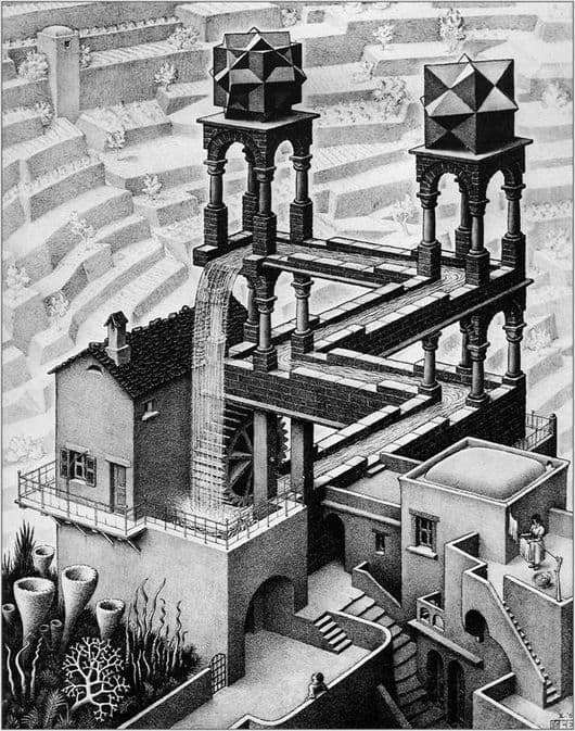 Description of the painting by Maurits Escher Waterfall
