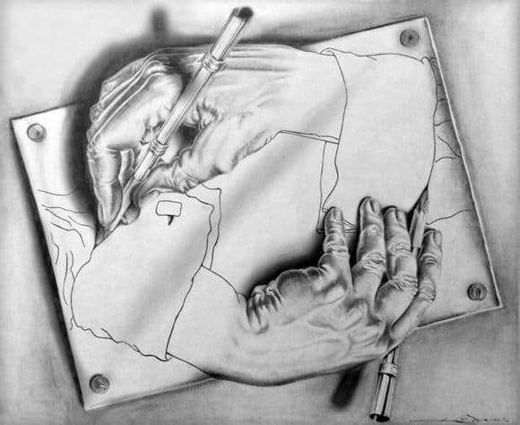 Description of the painting by Maurits Escher drawing hands