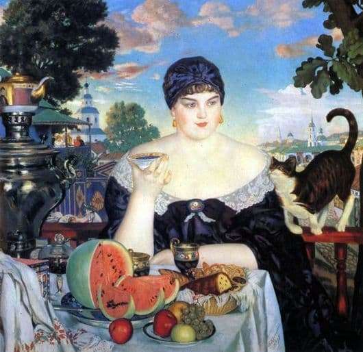 Description of the painting by Boris Kustodiev Merchants tea