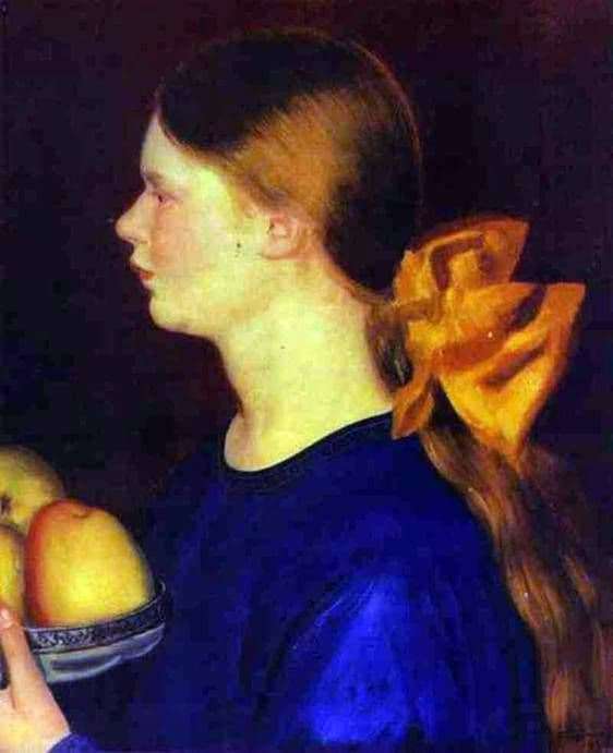 Description of the painting by Boris Kustodiev Girl with apples Irina Kustodiyeva