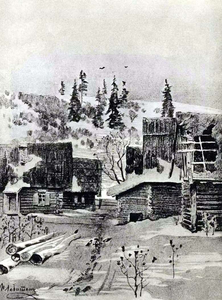 Description of the painting by the drawing of Isaac Levitan Village (1884)