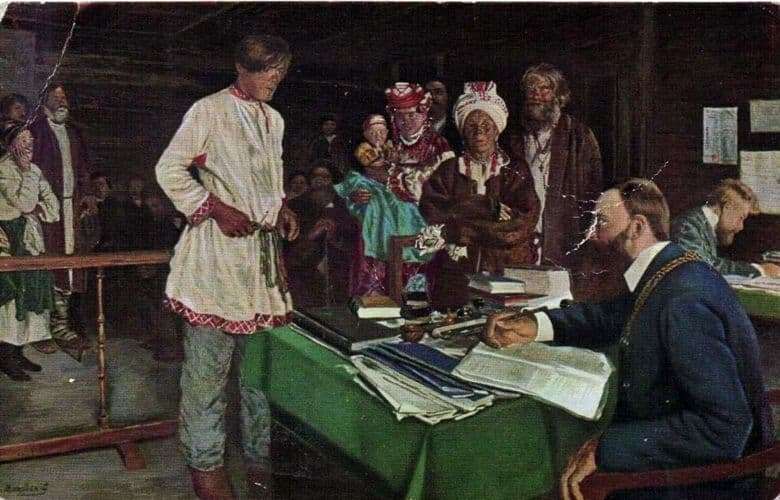 Description of the painting by Vladimir Makovsky Family matter at the magistrate