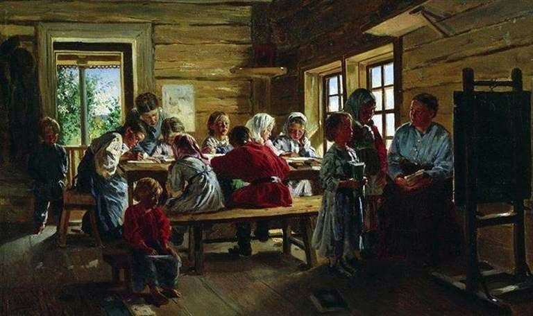 Description of the painting by Vadadimir Makovsky In a rural school