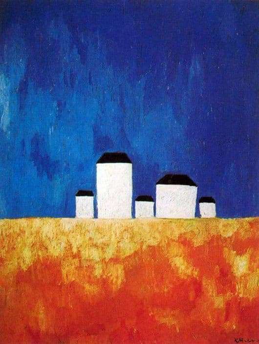 Description of the painting by Kazimir Malevich Landscape with five houses