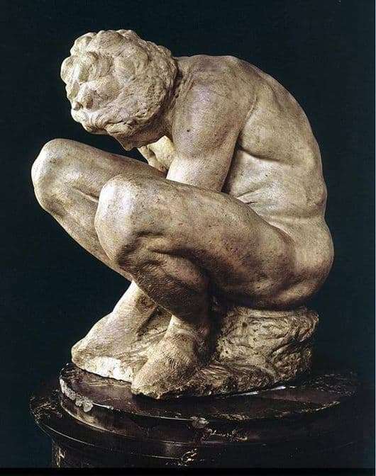 Description of the painting by the sculpture Michelangelo Buanarroti Crouching Boy