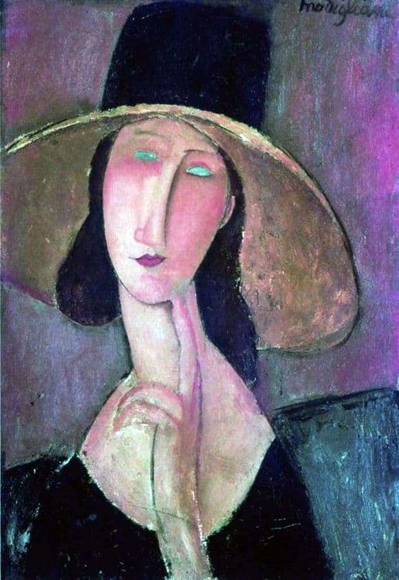 Description of the painting by Amedeo Modigliani Portrait of Jeanne Hebuterne in a big hat
