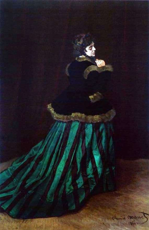 Description of the painting by Claude Monet Lady in a green dress (Camilla)