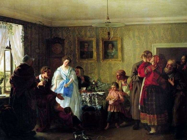 Description of the painting by Gregory Myasoedov Congratulations of the young in the house of the landowner
