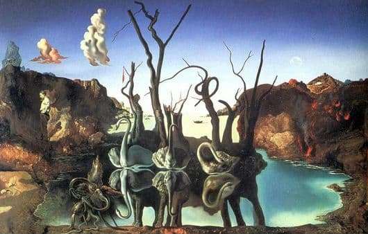 Description of the painting by Salvador Dali Swans reflected in elephants