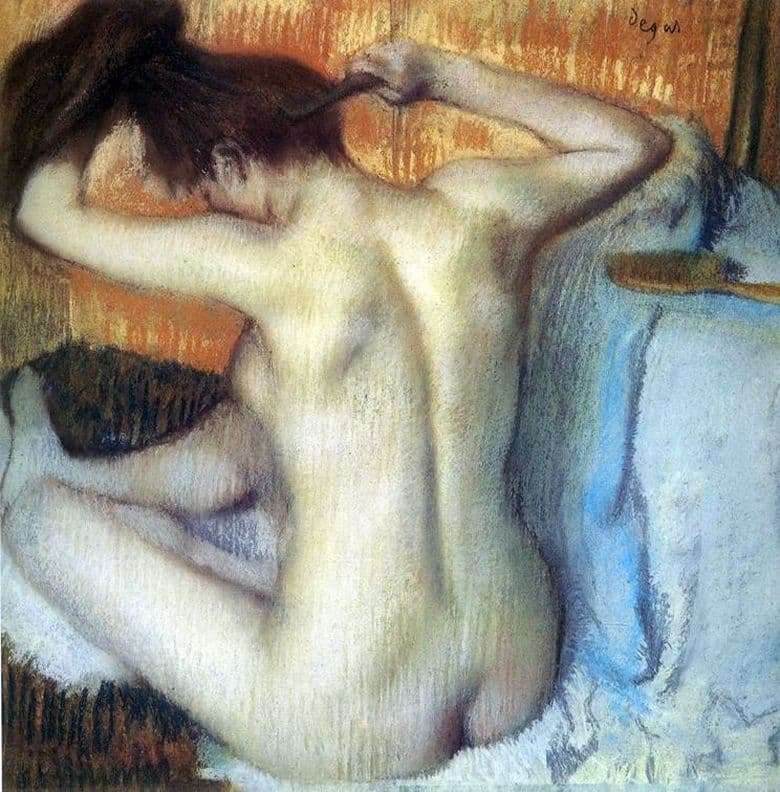 Description of the painting by Edgar Degas combing woman (behind the toilet)