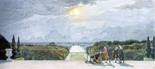 Description of the painting by Alexander Benois Versailles. Walk the King 