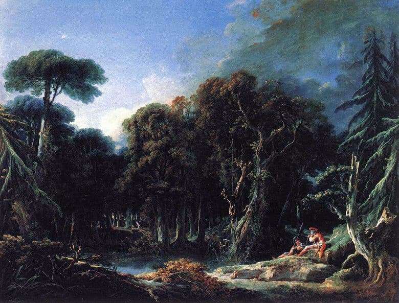 Description of the painting by Francois Boucher Forest landscape with soldiers &; nbsp