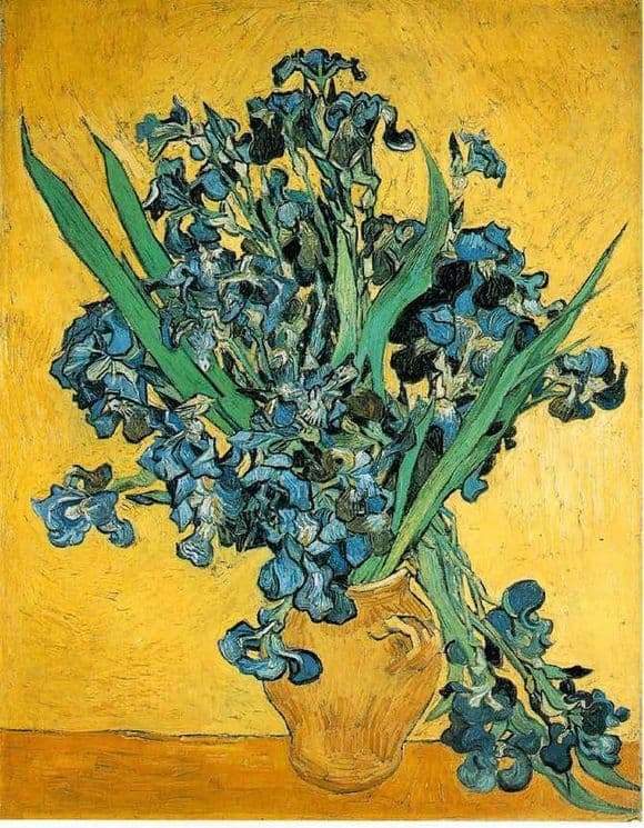 Description of the painting by Vincent van Gogh Still life of a vase with irises on a yellow background