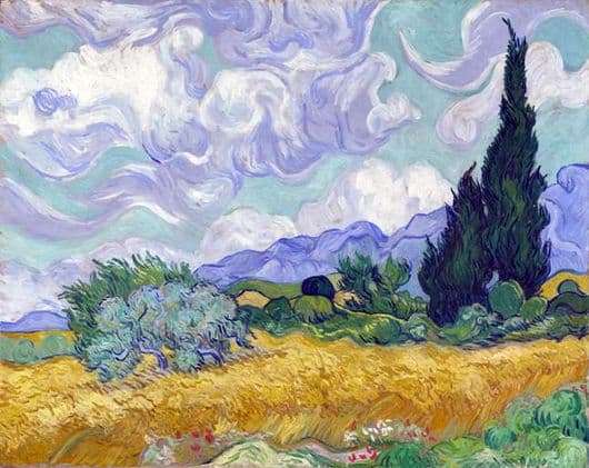 Description of the painting by Vincent van Gogh Wheat field with cypresses