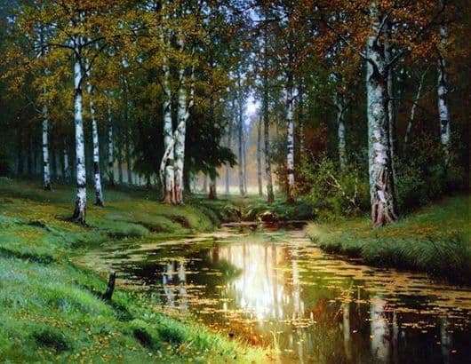 Description of the painting by Efim Volkov Golden Autumn. Silent River