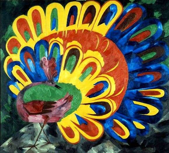 Description paintings by Natalia Goncharova Peacock under the bright sun