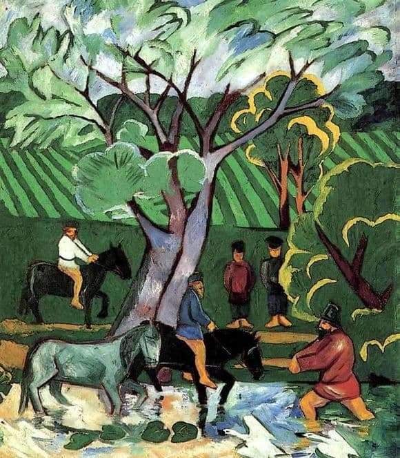 Description of the painting by Natalia Goncharova Bathing horses