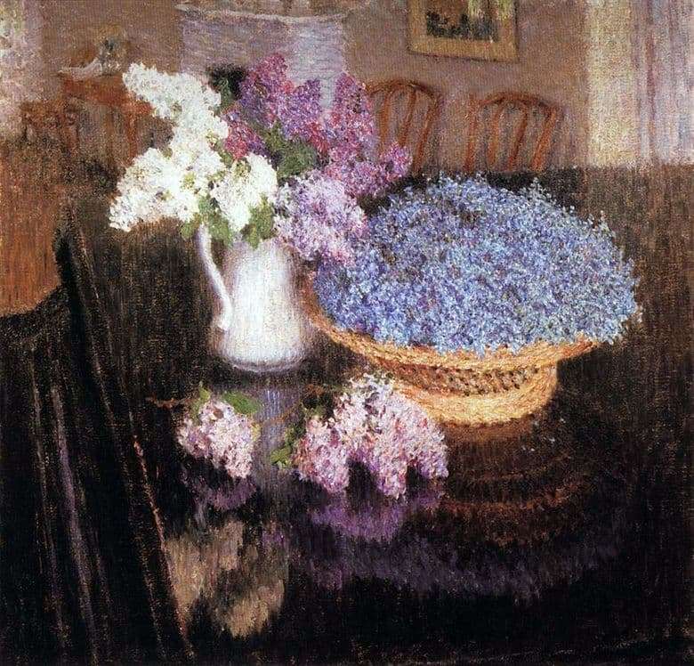 Description of the painting by Igor Grabar Lilac and forget me nots